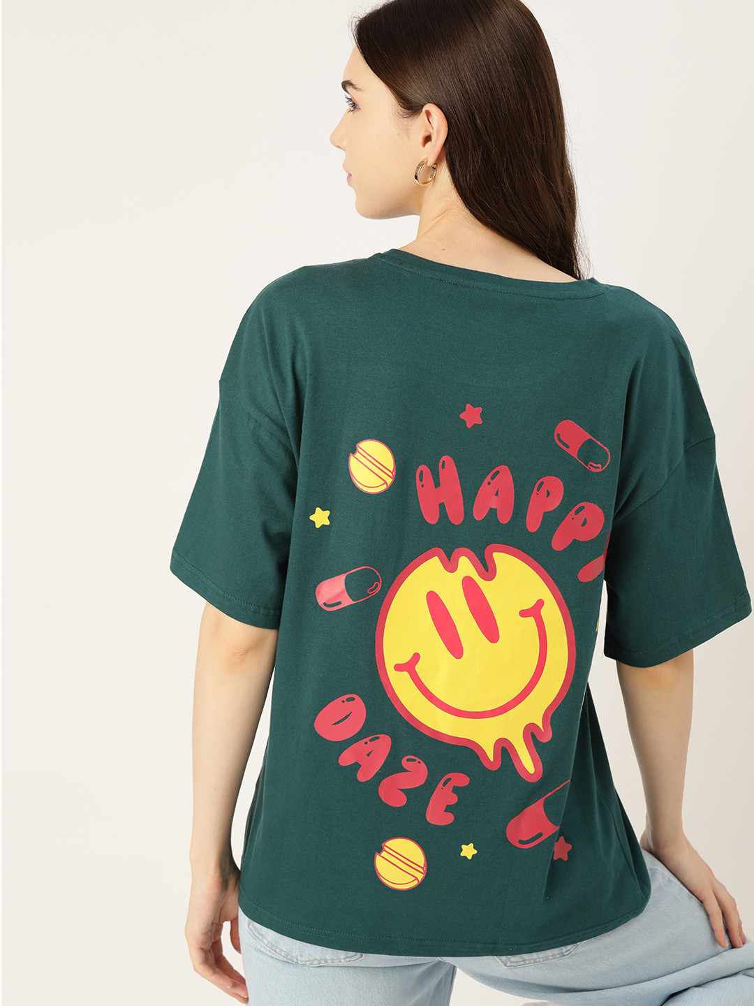 

DressBerry Emoji & Typography Printed Drop-Shoulder Sleeves Pure Cotton T-shirt, Green