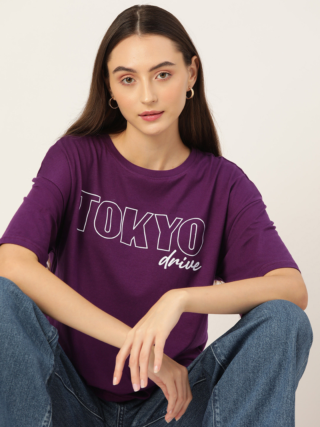 

DressBerry Typography Print Pure Cotton Oversized T-shirt, Purple