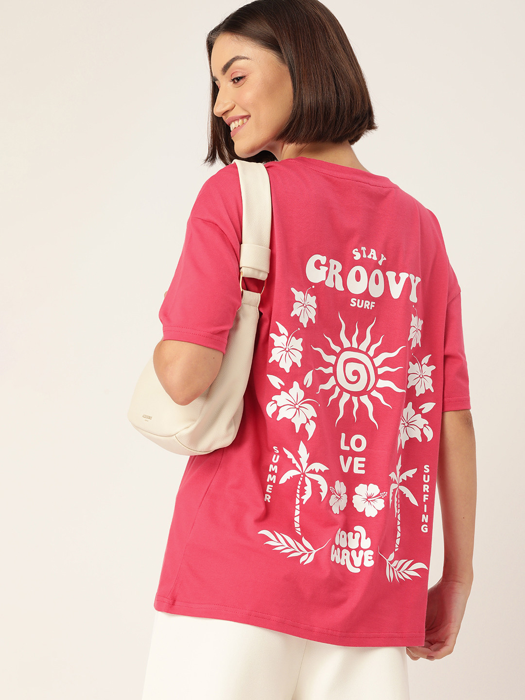 

DressBerry Pure Cotton Graphic Printed Oversized T-shirt, Pink