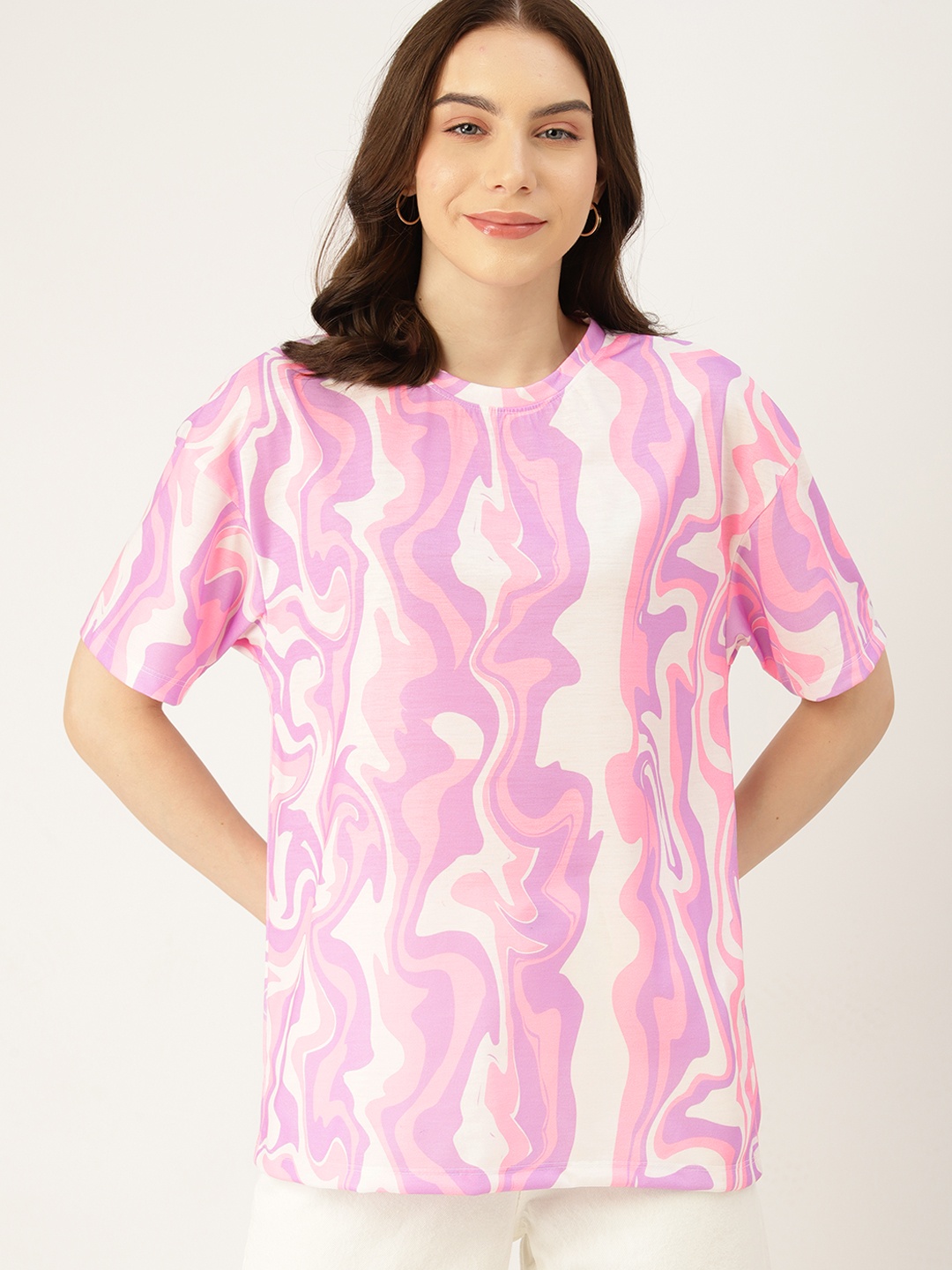 

DressBerry Women Abstract Printed Pure Cotton T-shirt, Pink