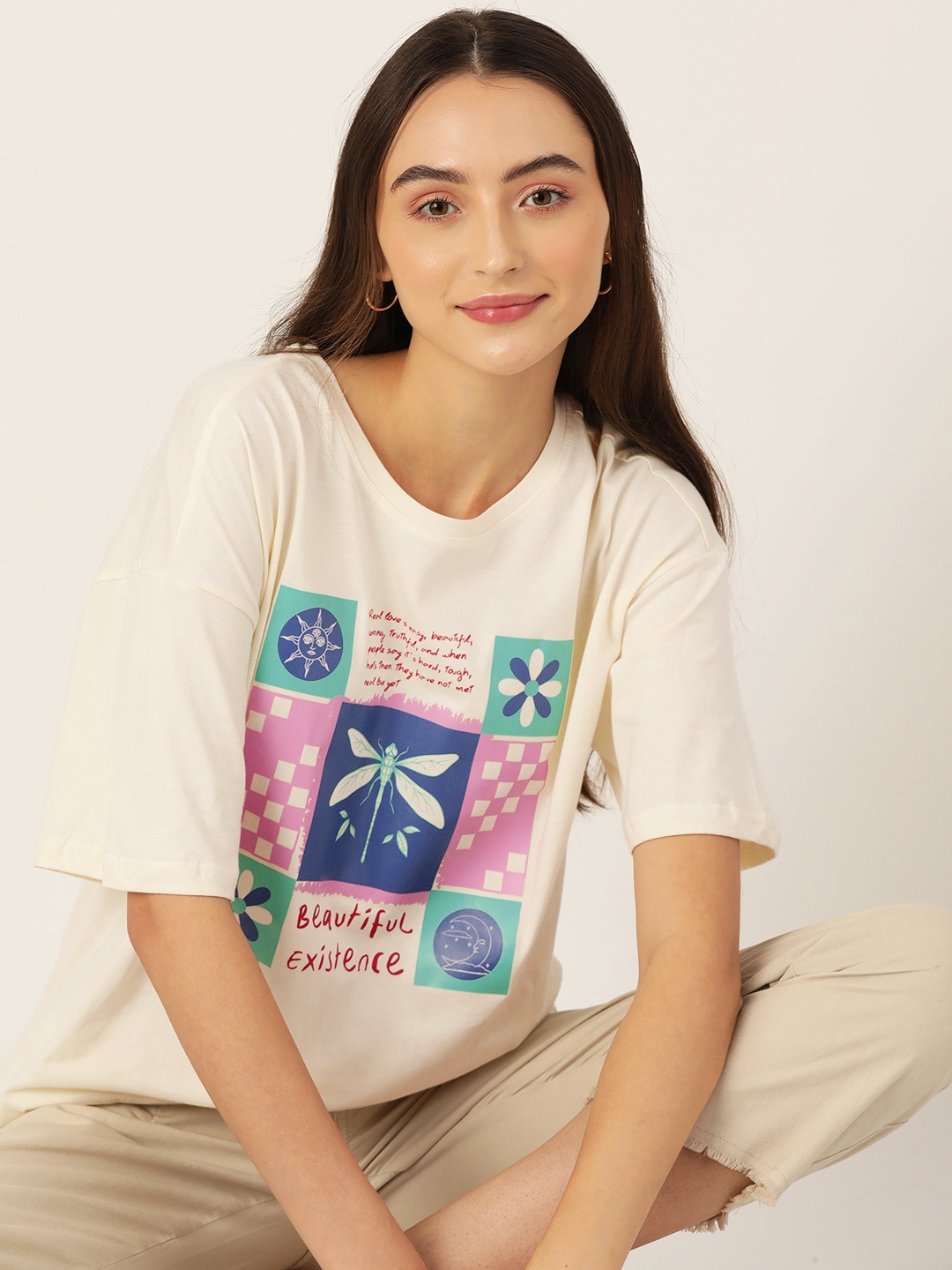 

DressBerry Women Printed Drop-Shoulder Sleeves Pure Cotton Oversized T-shirt, Off white
