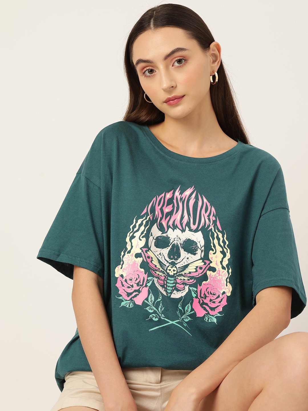 

DressBerry Women Printed Drop-Shoulder Sleeves Pure Cotton Oversized T-shirt, Teal