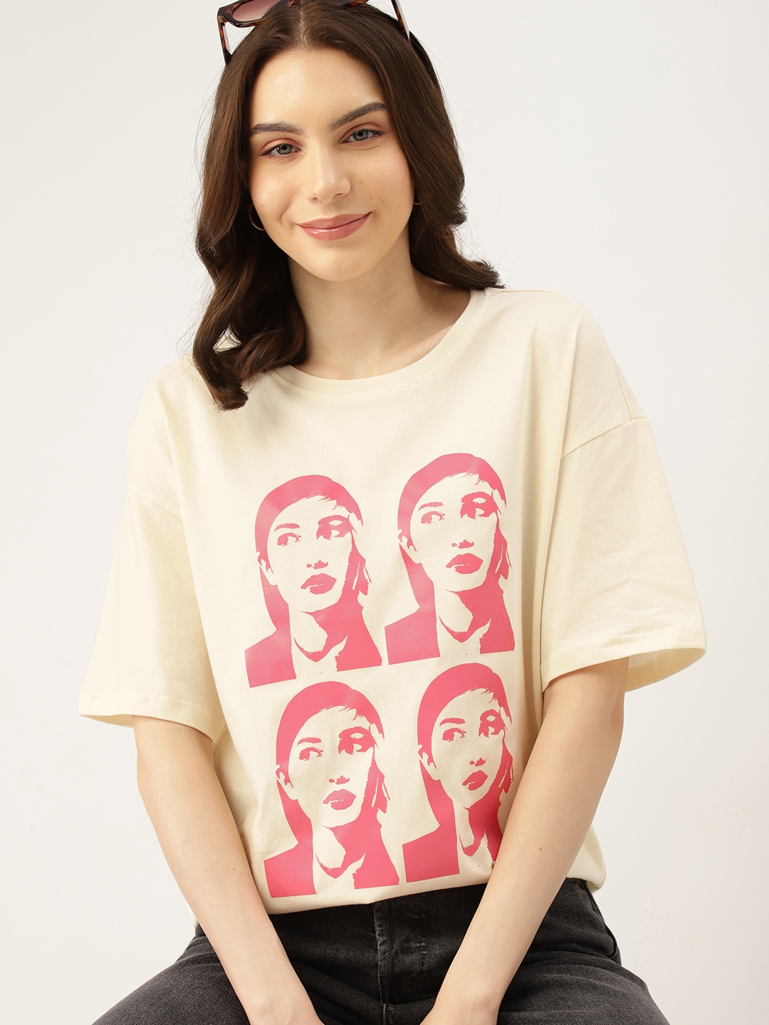 

DressBerry Women Abstract Printed Pure Cotton T-shirt, Cream