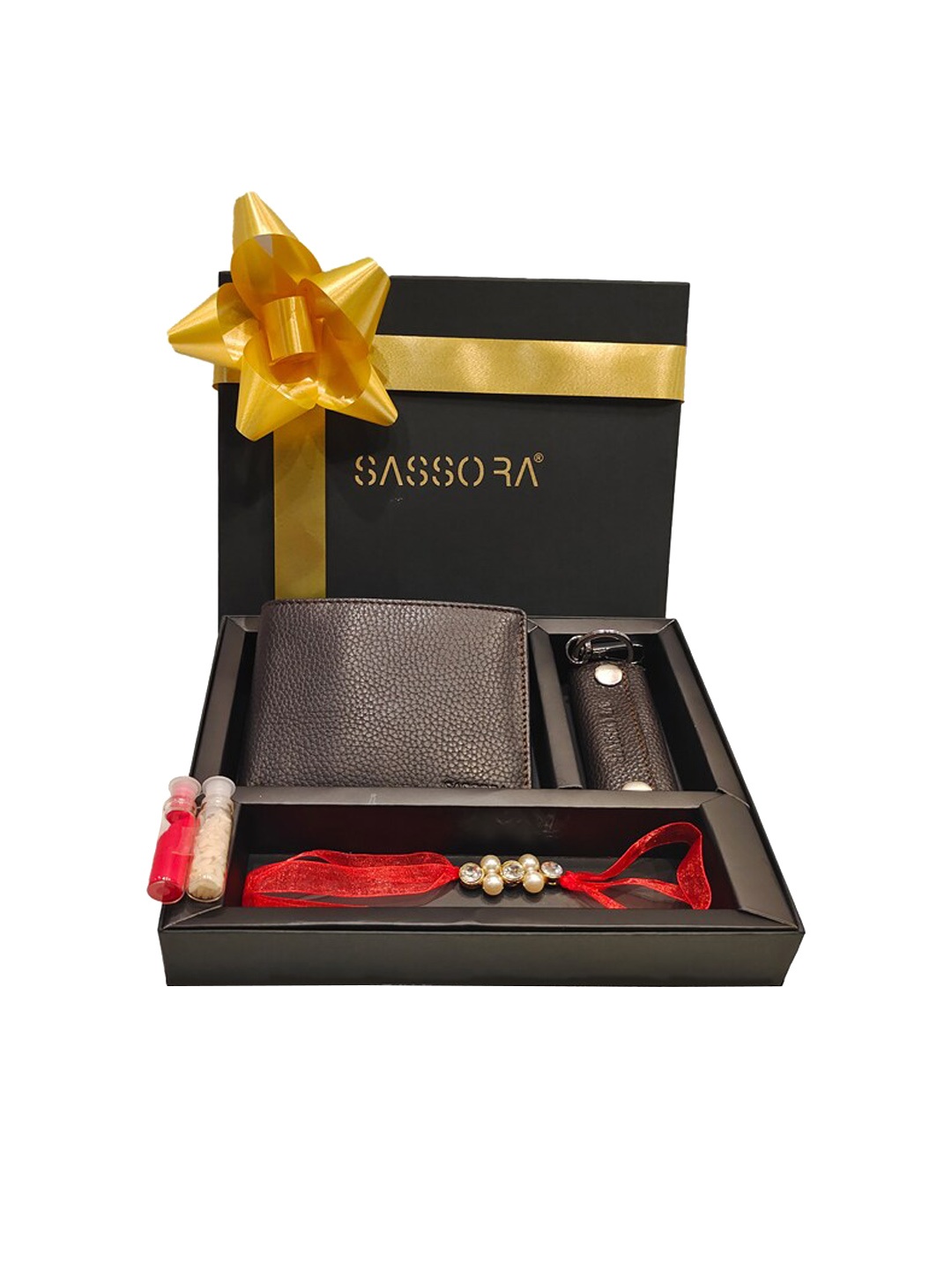 

Sassora Men Genuine Leather Wallet Keychain & Rakhi Gift Set, Brown