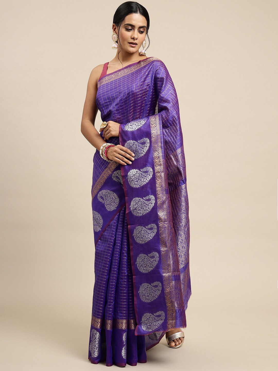 

SGF11 Woven Design Zari Pure Silk Kanjeevaram Saree, Purple