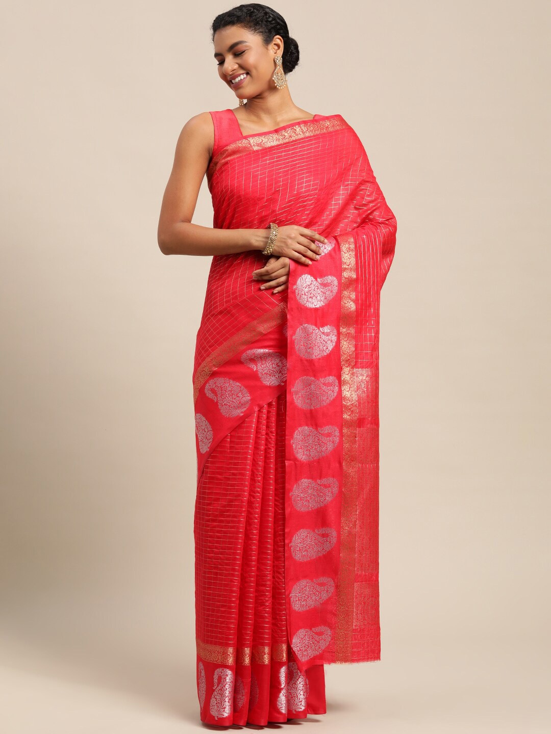 

SGF11 Ethnic Motifs Woven Design Zari Pure Silk Kanjeevaram Saree, Red