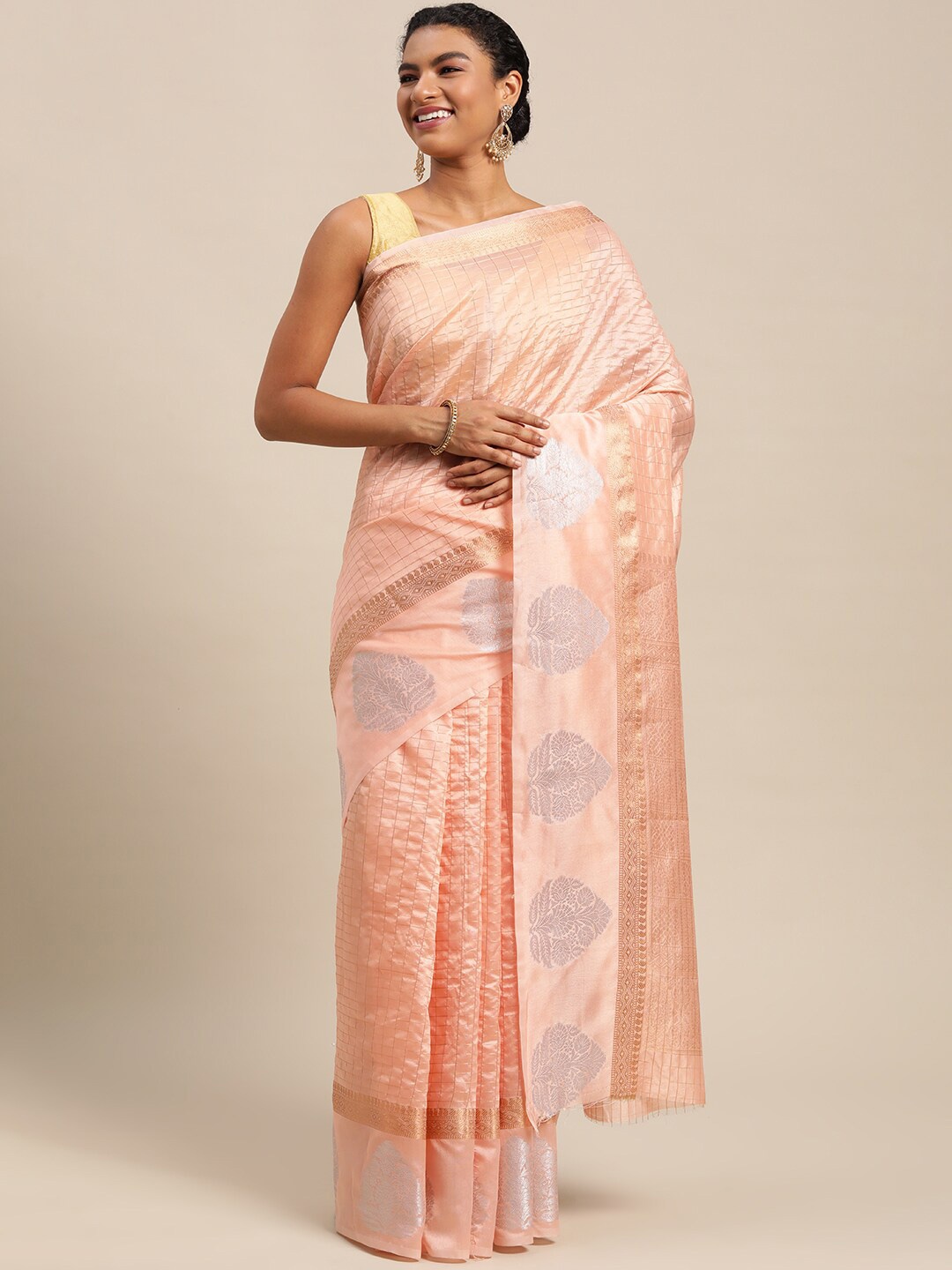 

SGF11 Woven Design Pure Zari Heavy Work Kanjeevaram Silk Saree, Peach