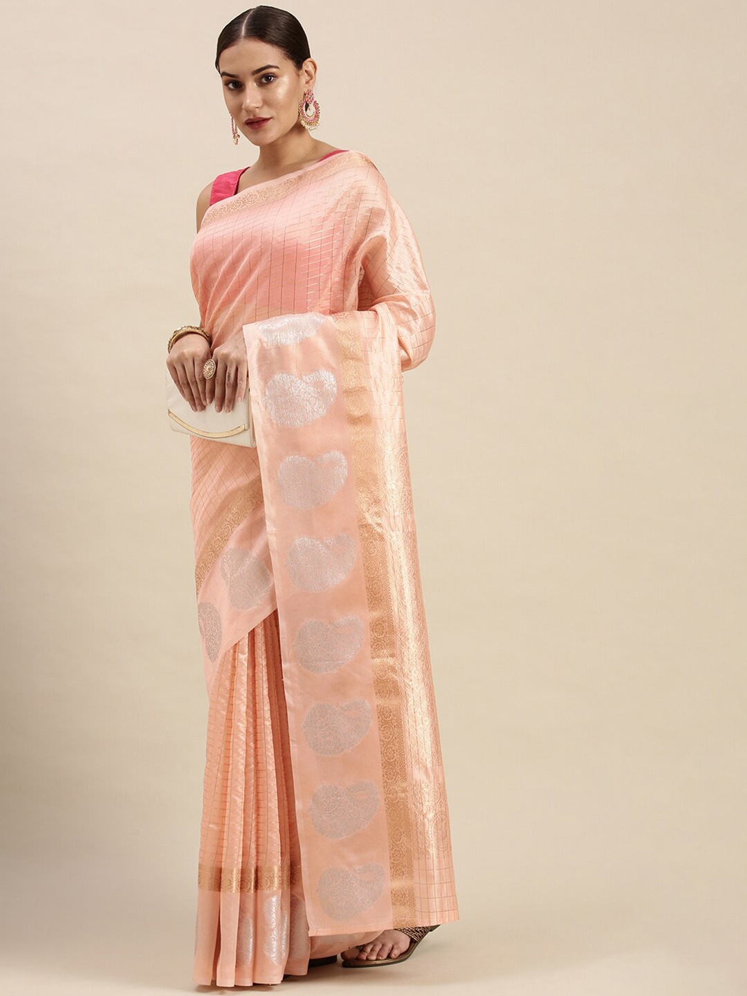 

SGF11 Woven Design Zari Pure Silk Kanjeevaram Saree, Peach