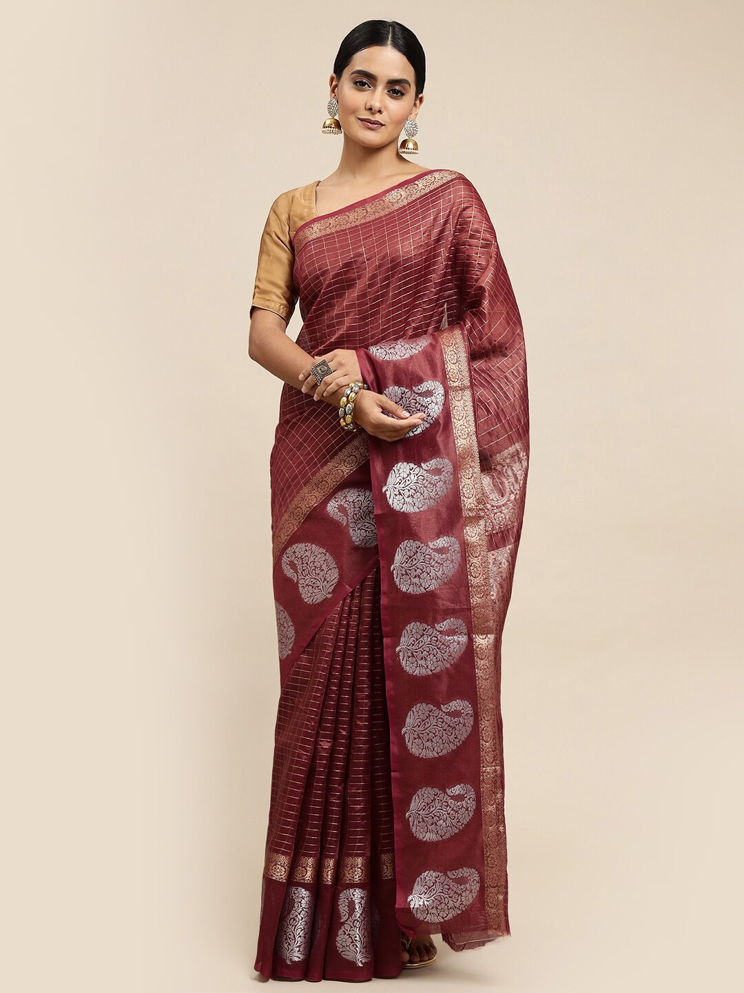 

SGF11 Checked Zari Pure Silk Kanjeevaram Saree, Maroon