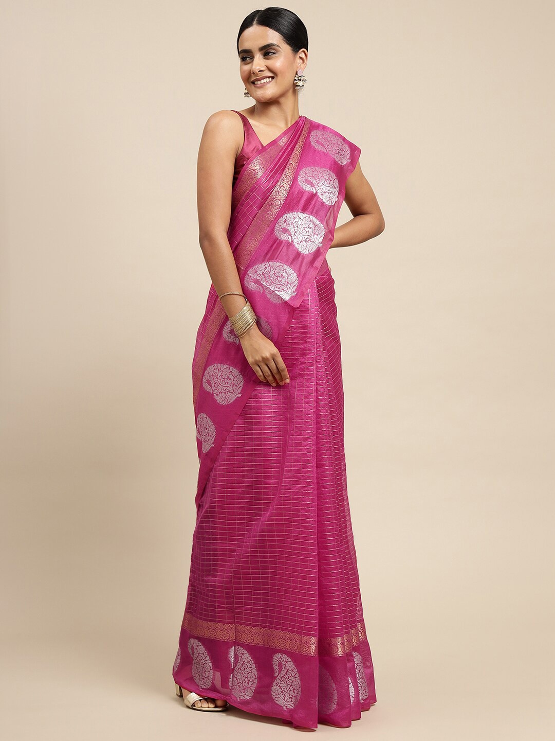 

SGF11 Checked Zari Pure Silk Kanjeevaram Saree, Pink