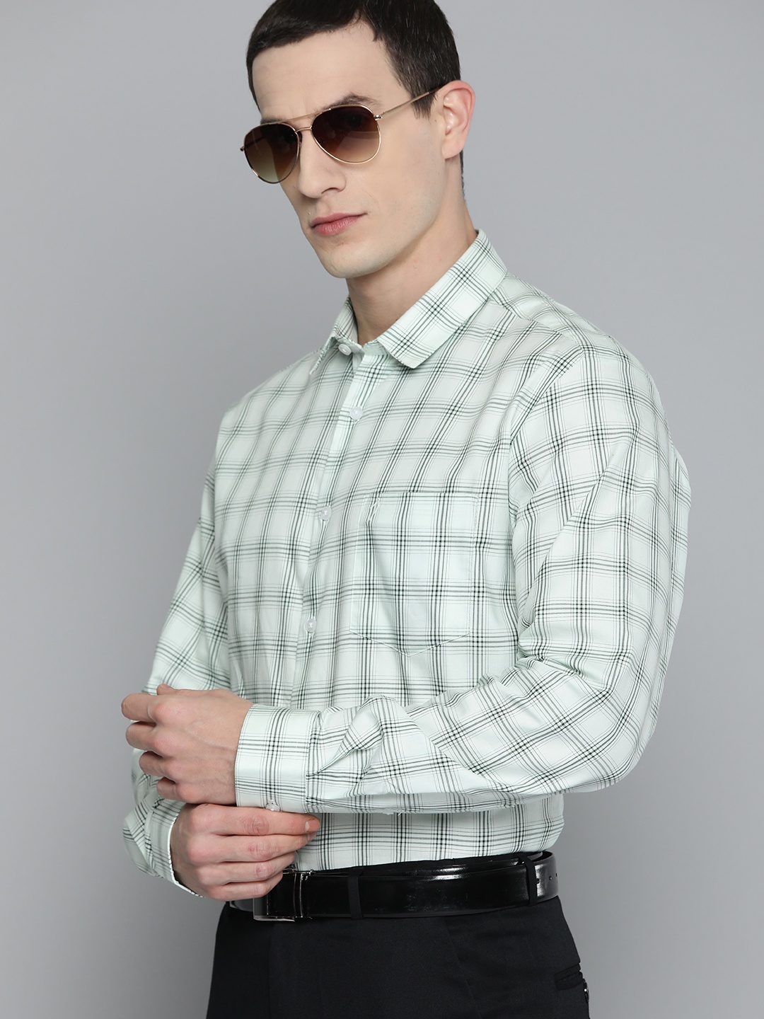 

Indian Terrain Slim Fit Tartan Checks Pure Cotton Formal Shirt, Green