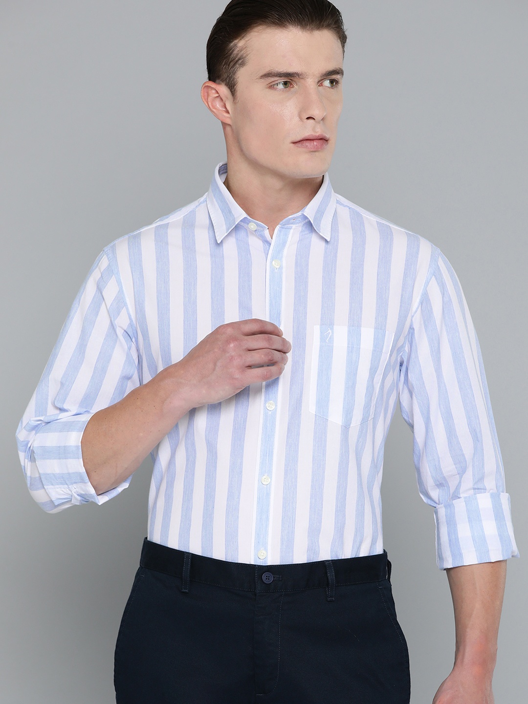 

Indian Terrain Classic Slim Fit Striped Cotton Smart Casual Shirt, Blue