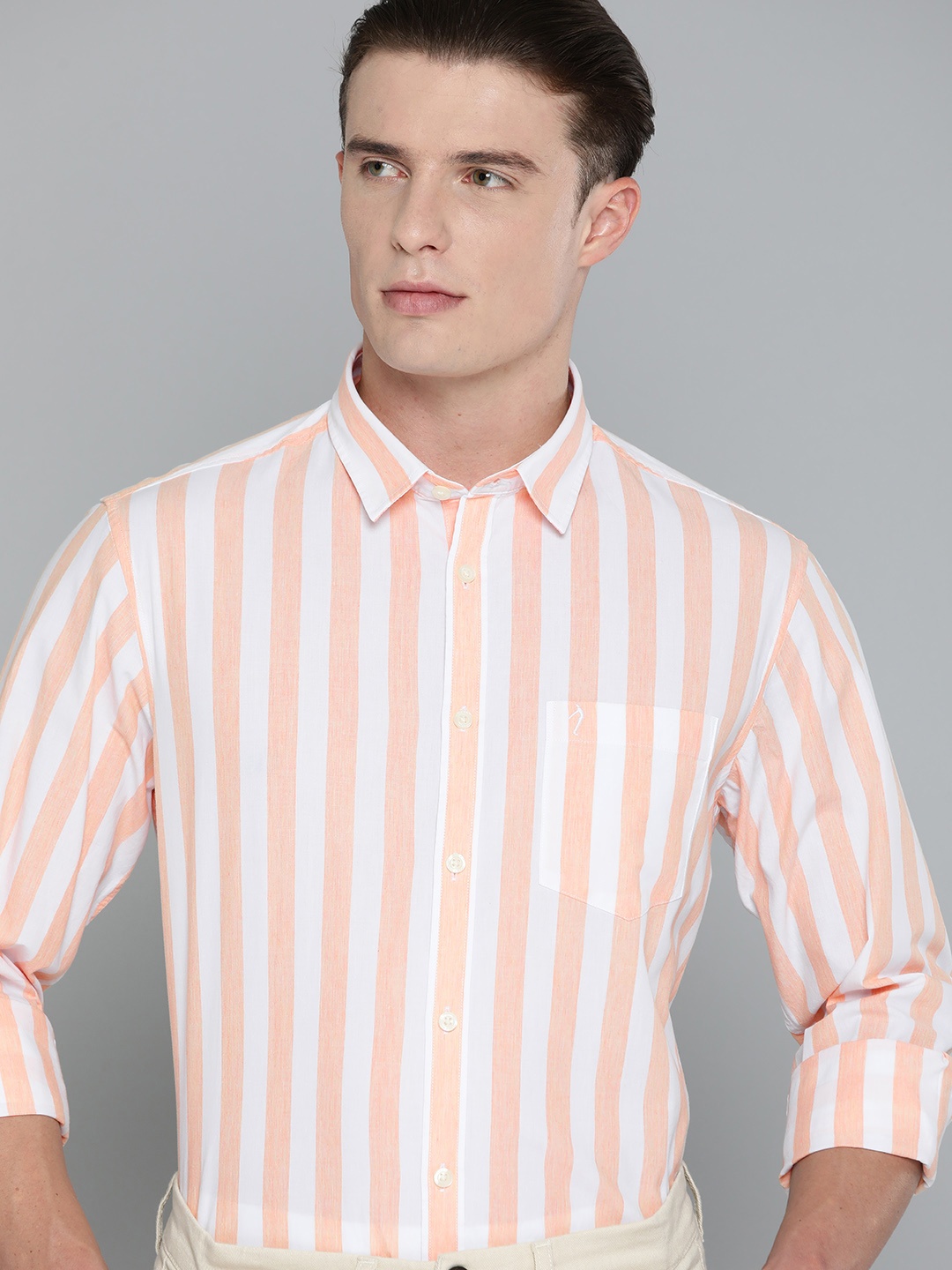 

Indian Terrain Classic Slim Fit Striped Cotton Smart Casual Shirt, Peach