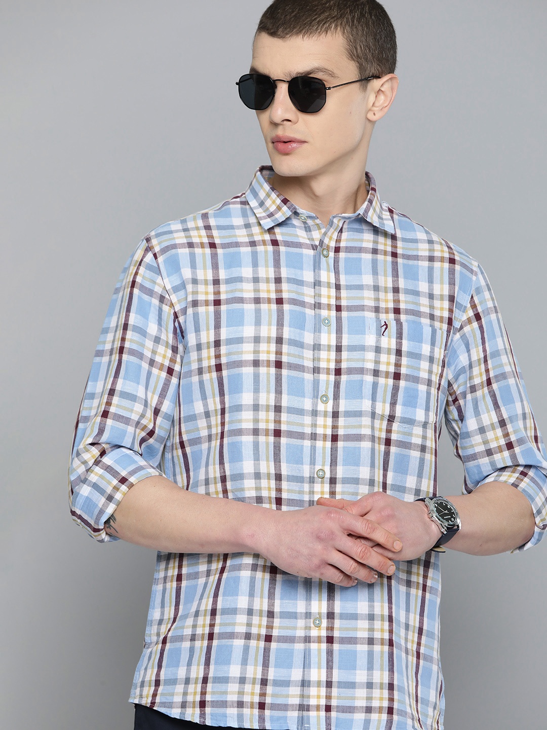 

Indian Terrain Checked Slim Fit Cotton Linen Shirt, Blue