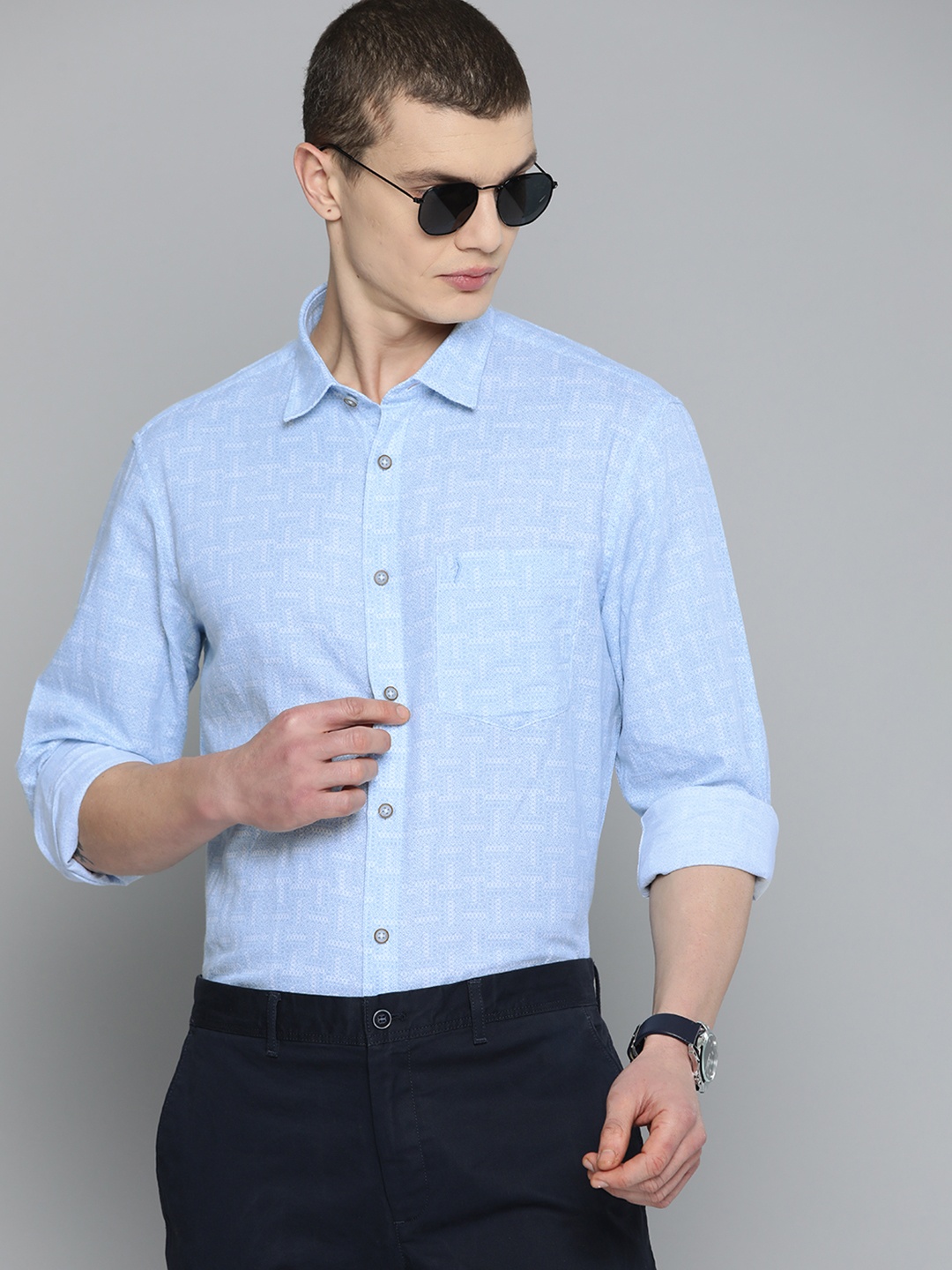 

Indian Terrain Printed Slim Fit Cotton Linen Shirt, Blue