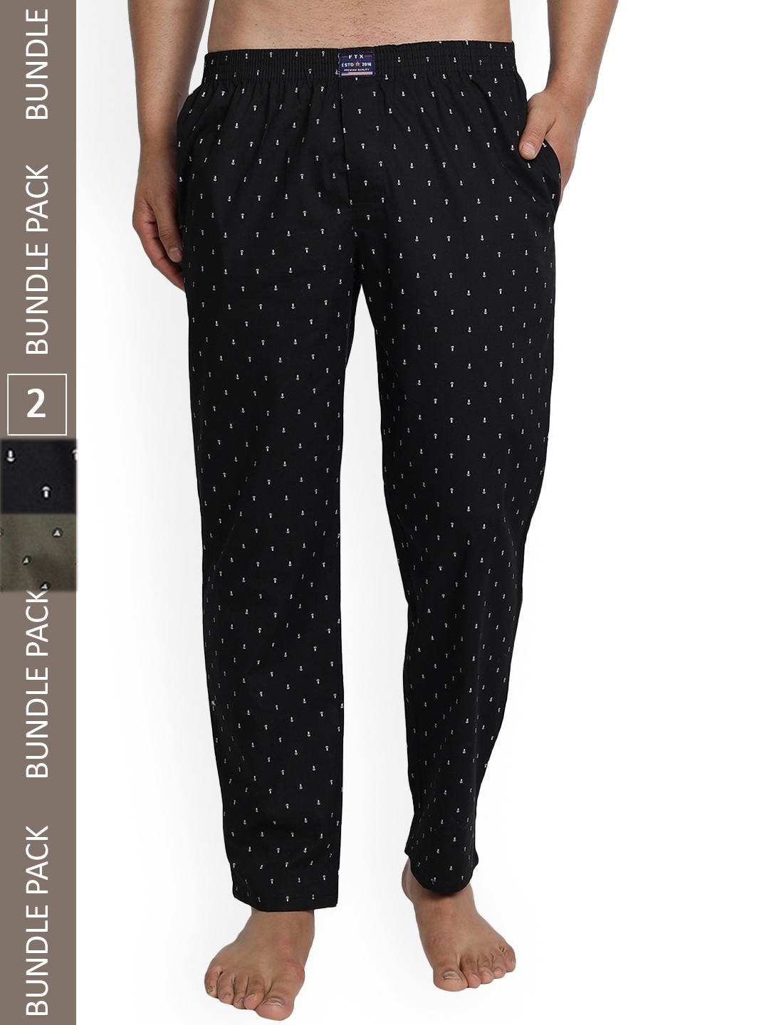 

FTX Men Pack Of 2 Printed Cotton Lounge Pants, Black
