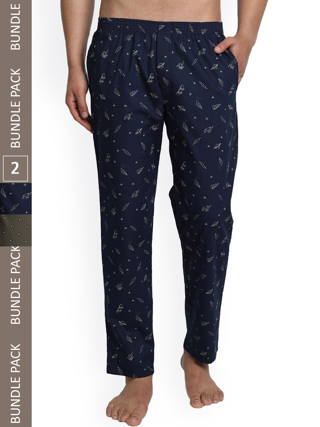 

FTX Men Pack Of 2 Printed Pure Cotton Lounge Pants, Navy blue