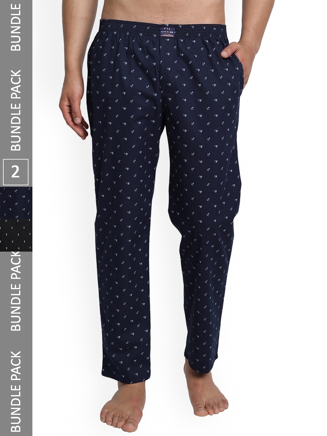 

FTX Men Pack Of 2 Printed Cotton Lounge Pants, Navy blue