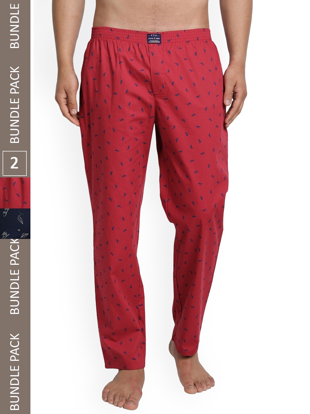 

FTX Men Pack Of 2 Printed Pure Cotton Lounge Pants, Red