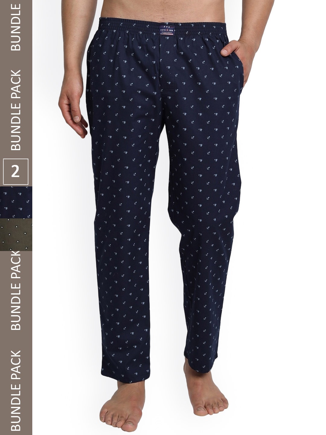 

FTX Men Pack Of 2 Polka Dot Printed Pure Cotton Lounge Pants, Navy blue