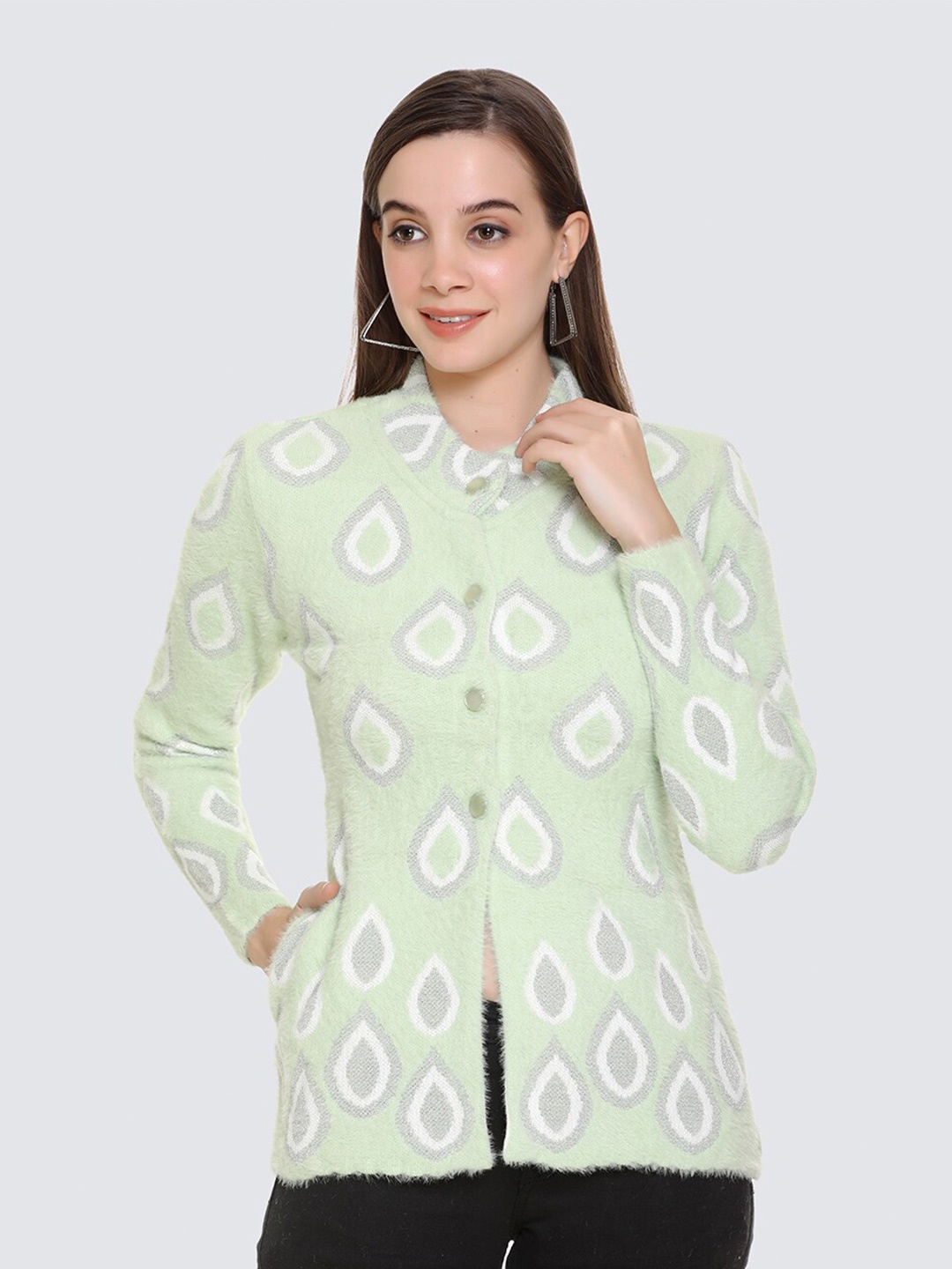 

AHEADPHONE Self Design Woollen Cardigan, Green