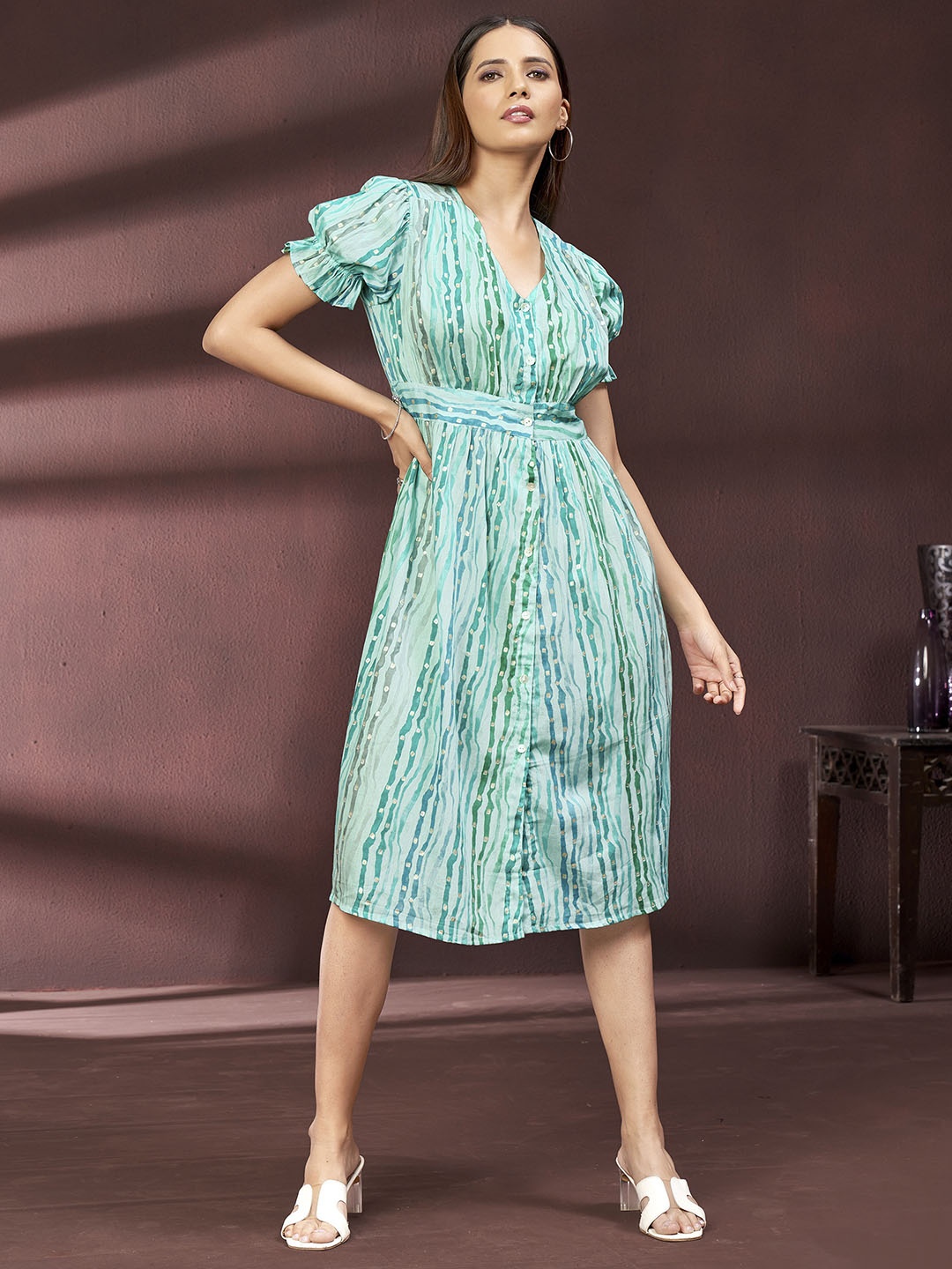 

DRESOUL Striped V-Neck Puff Sleeve Pure Cotton A-Line Dress, Blue