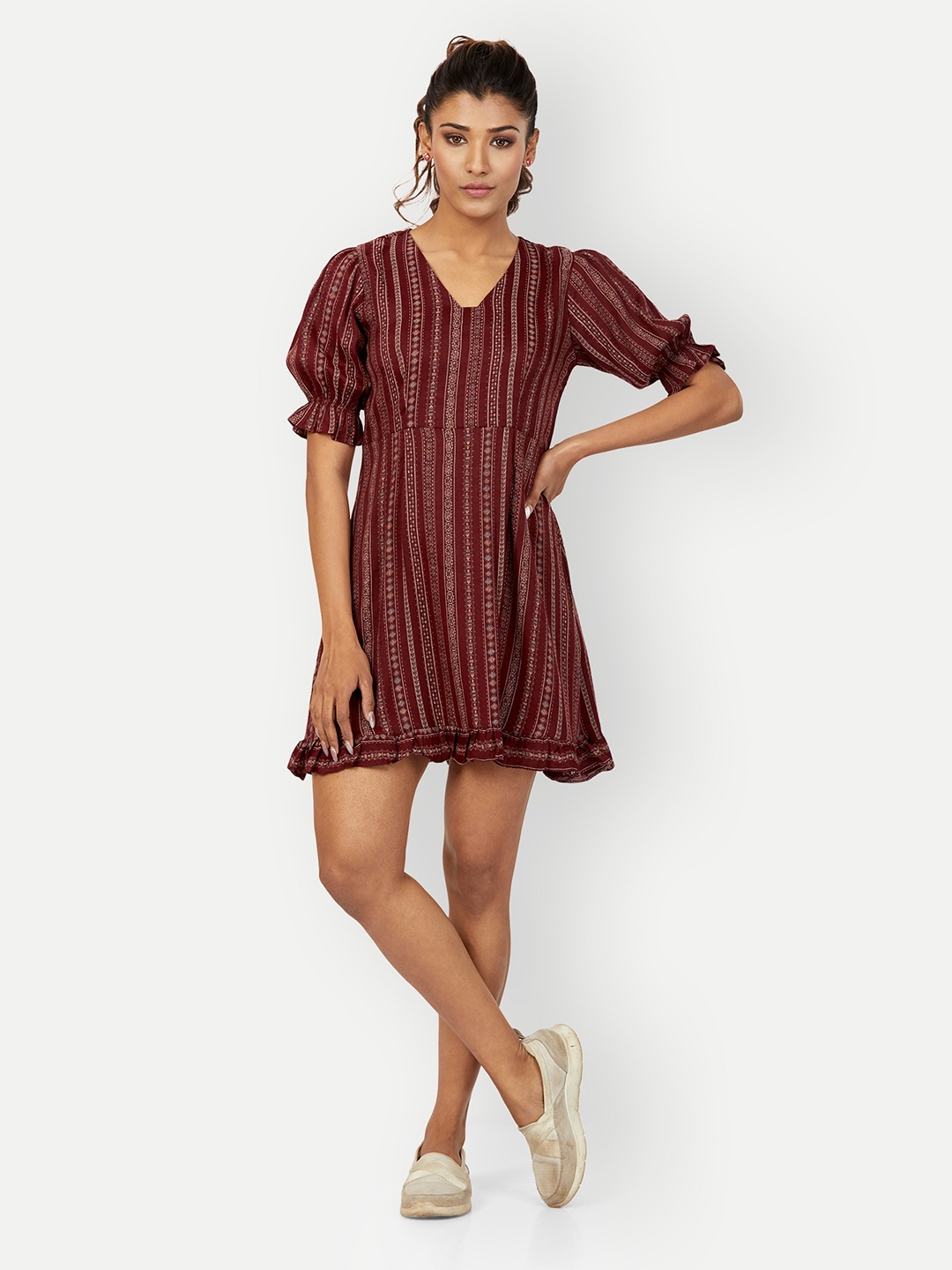 

DRESOUL Striped V-Neck Puff Sleeves A-Line Dress, Maroon