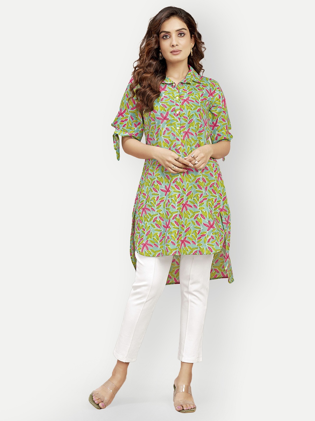 

DRESOUL Floral Printed Shirt Collar Kurta, Green