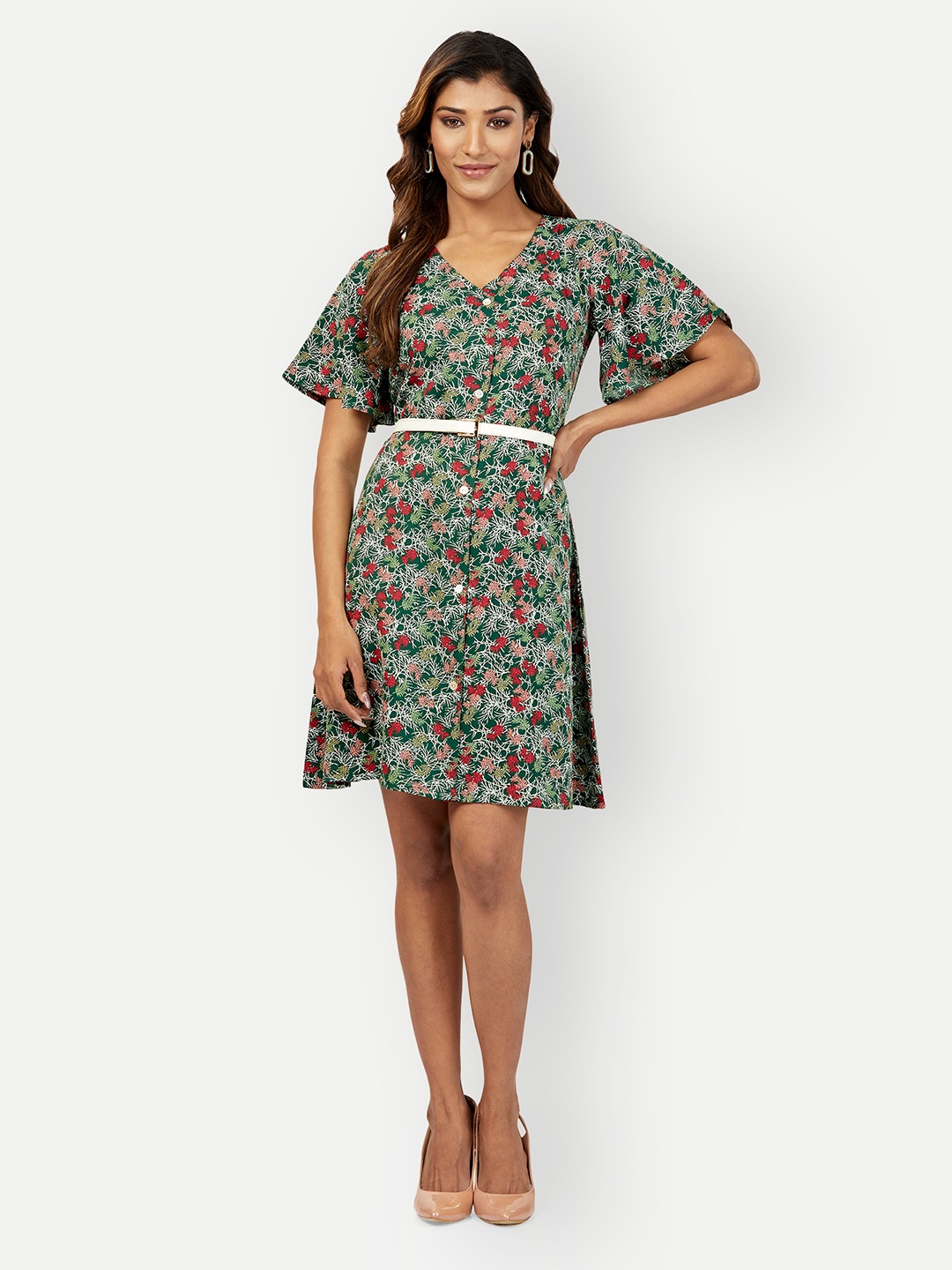 

DRESOUL Conversational Printed V-Neck Flared Sleeves A-Line Dress, Green