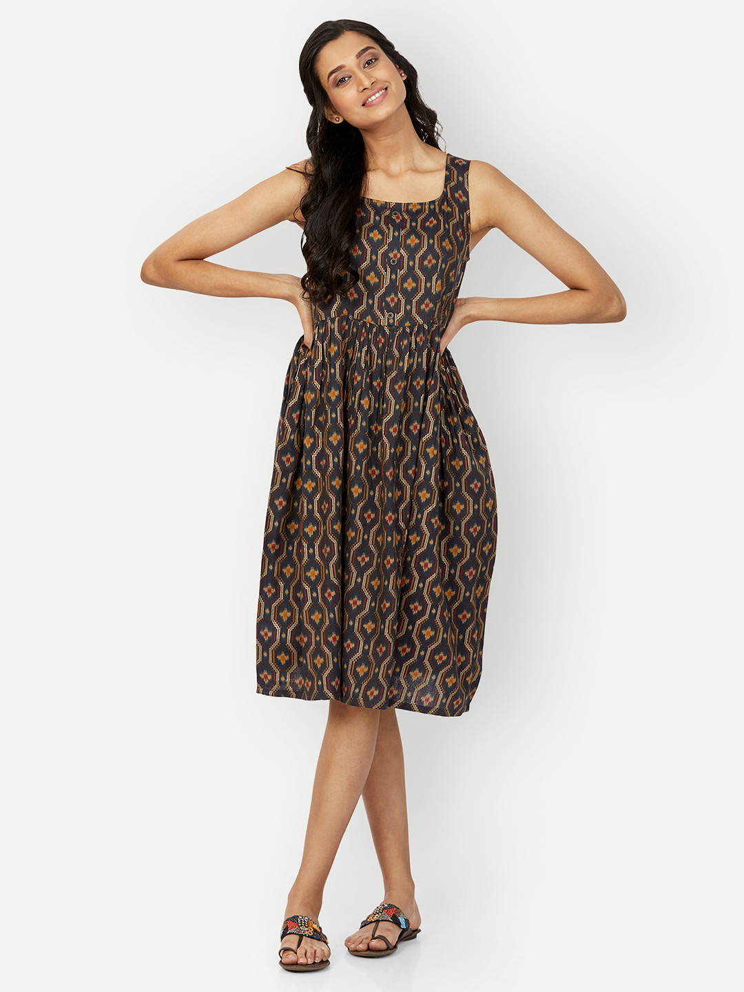 

DRESOUL Ethnic Motifs Printed Square Neck Shoulder Straps A-Line Dress, Navy blue