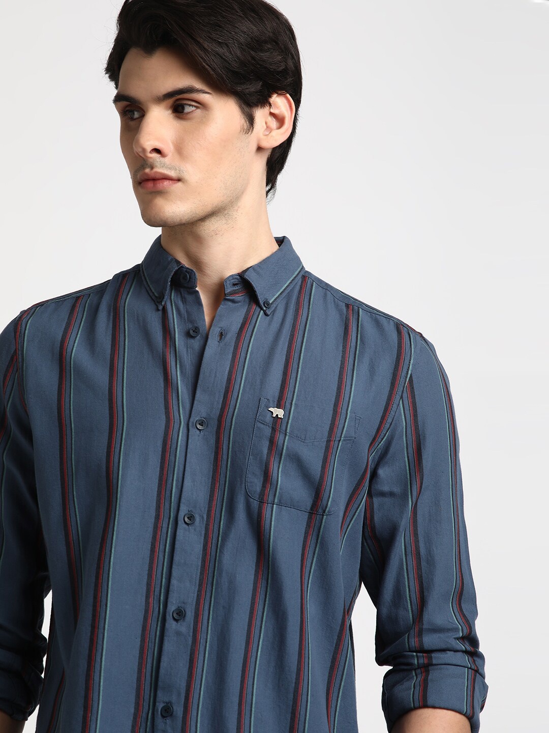 

THE BEAR HOUSE Striped Cotton Slim Fit Opaque Casual Shirt, Blue