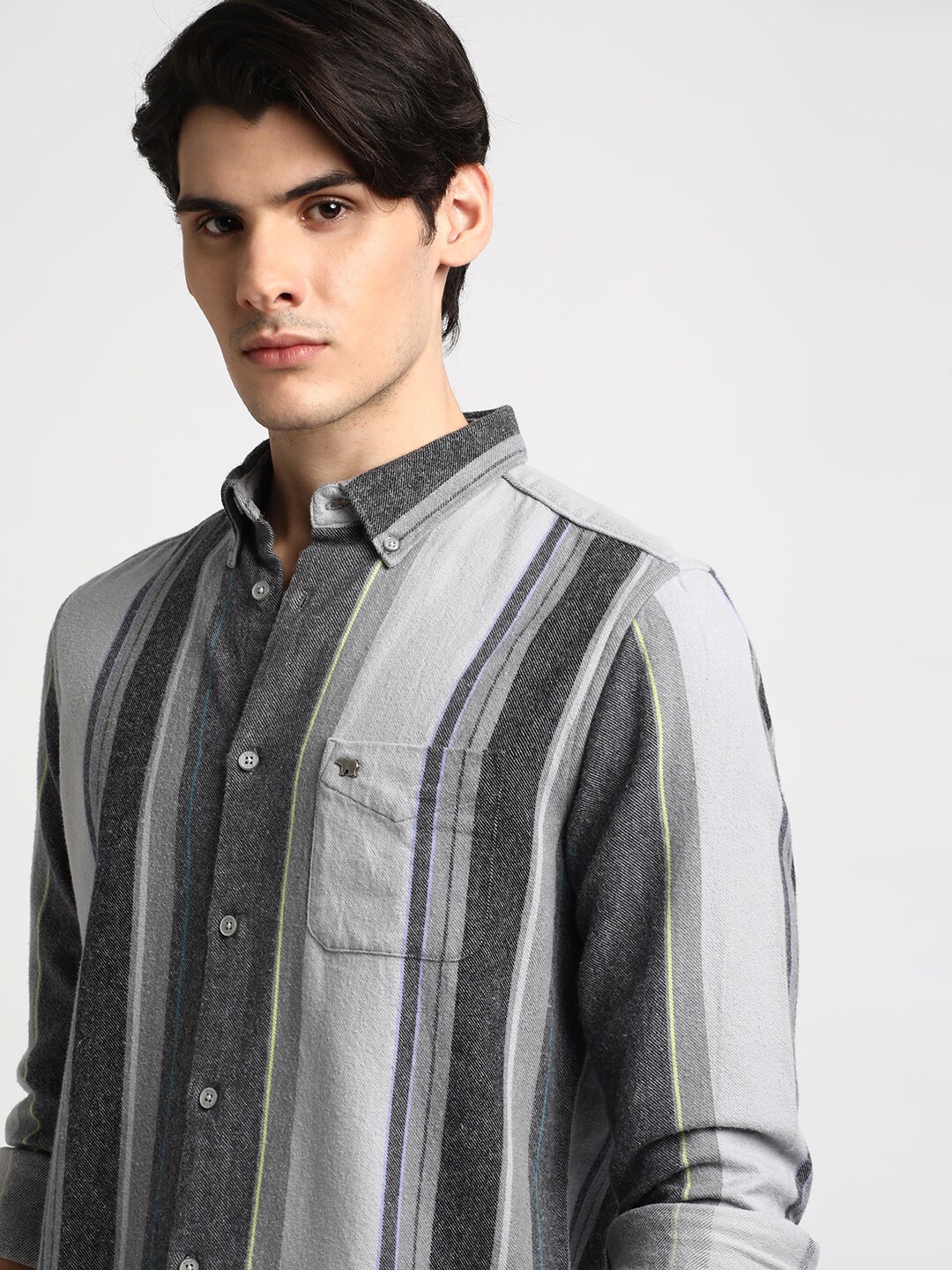

THE BEAR HOUSE Slim Fit Vertical Striped Button-Down Collar Flannel Pure Cotton Shirt, Grey