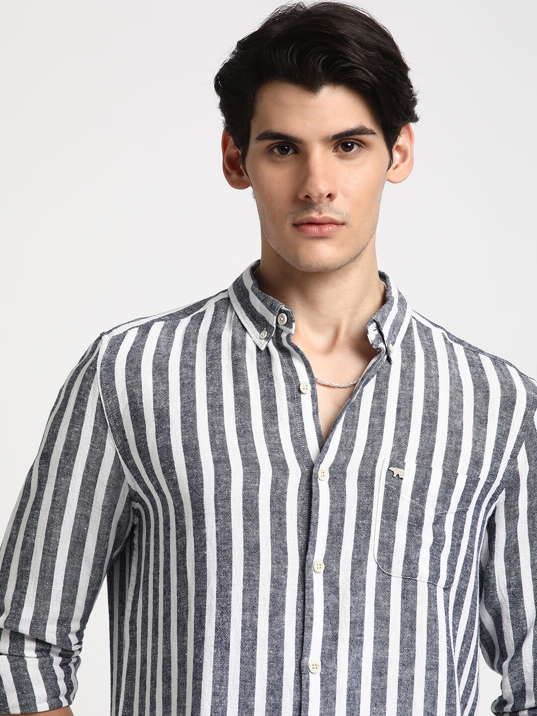 

THE BEAR HOUSE Striped Cotton Slim Fit Opaque Casual Shirt, Grey