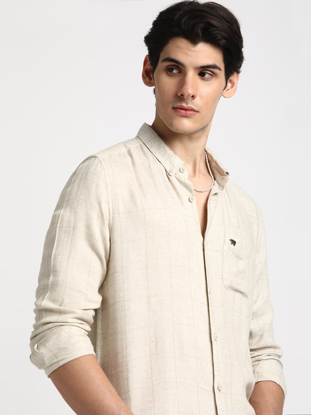 

THE BEAR HOUSE Slim Fit Opaque Casual Shirt, Cream