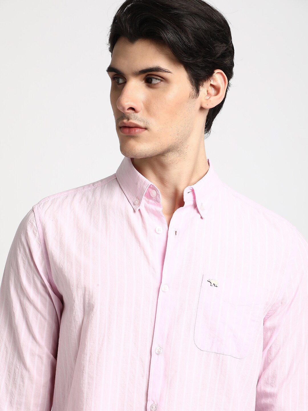 

THE BEAR HOUSE Striped Cotton Slim Fit Opaque Casual Shirt, Pink