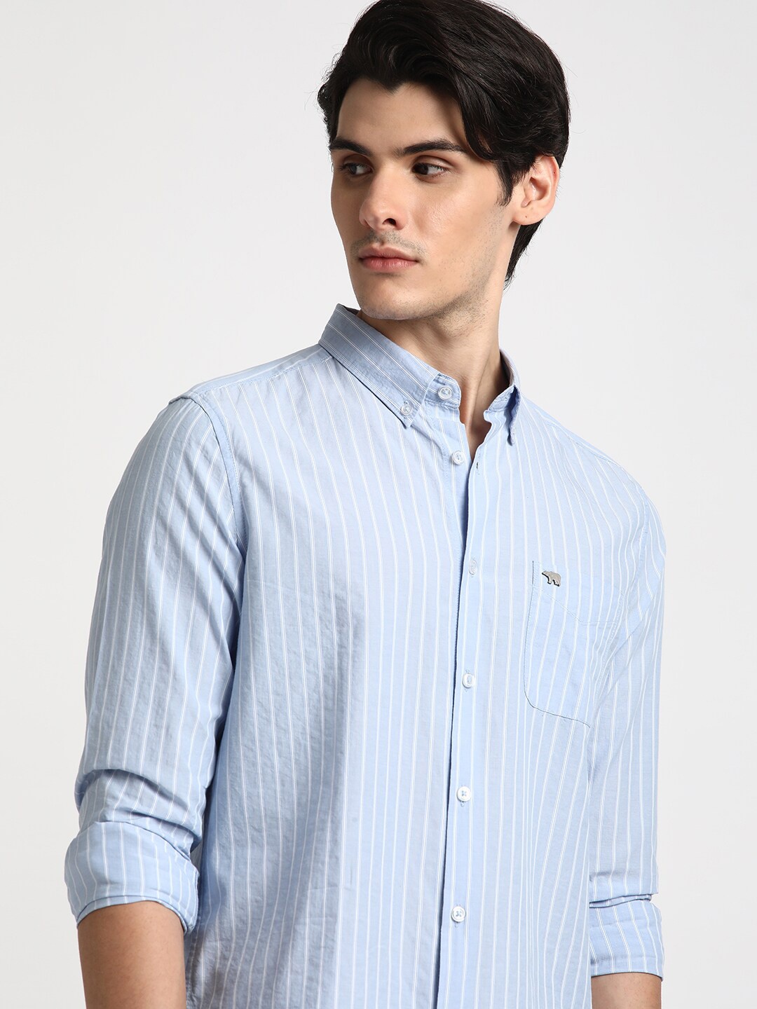 

THE BEAR HOUSE Slim Fit Vertical Striped Button-Down Collar Pure Cotton Casual Shirt, Blue