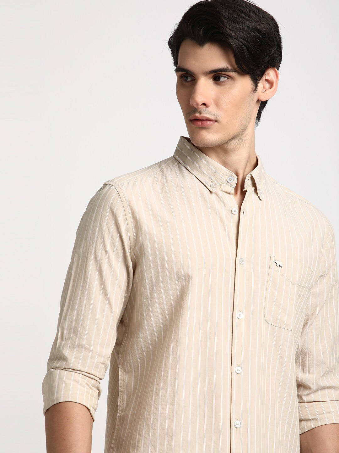 

THE BEAR HOUSE Striped Cotton Slim Fit Opaque Casual Shirt, Beige