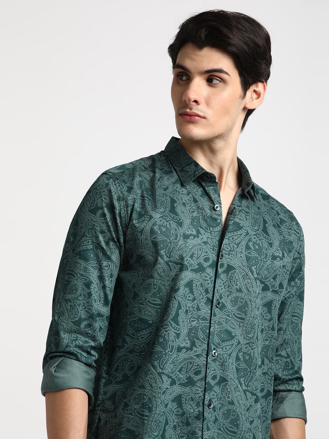 

THE BEAR HOUSE Slim Fit Floral Printed Pure Cotton Casual Shirt, Green