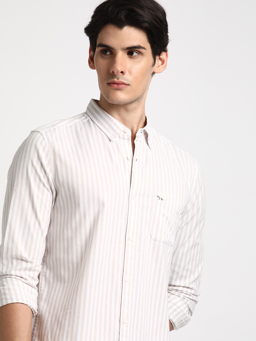 

THE BEAR HOUSE Slim Fit Opaque Striped Pure Cotton Casual Shirt, Beige