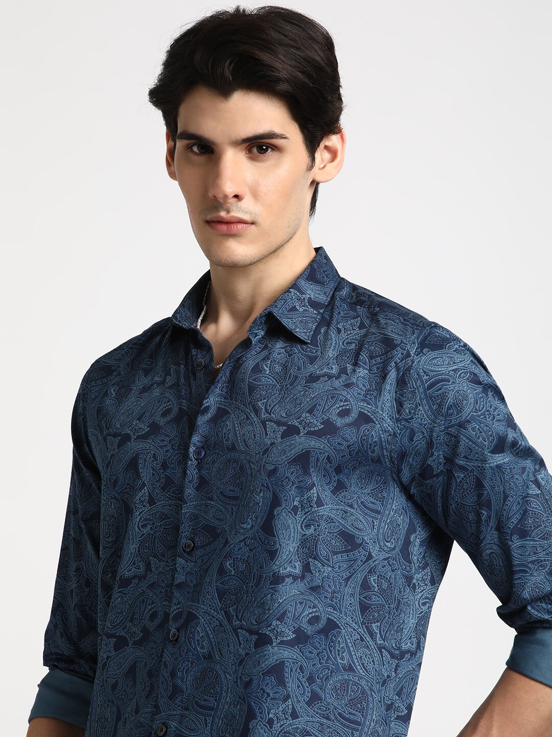 

THE BEAR HOUSE Slim Fit Ethnic motif Opaque Printed Pure Cotton Casual Shirt, Blue