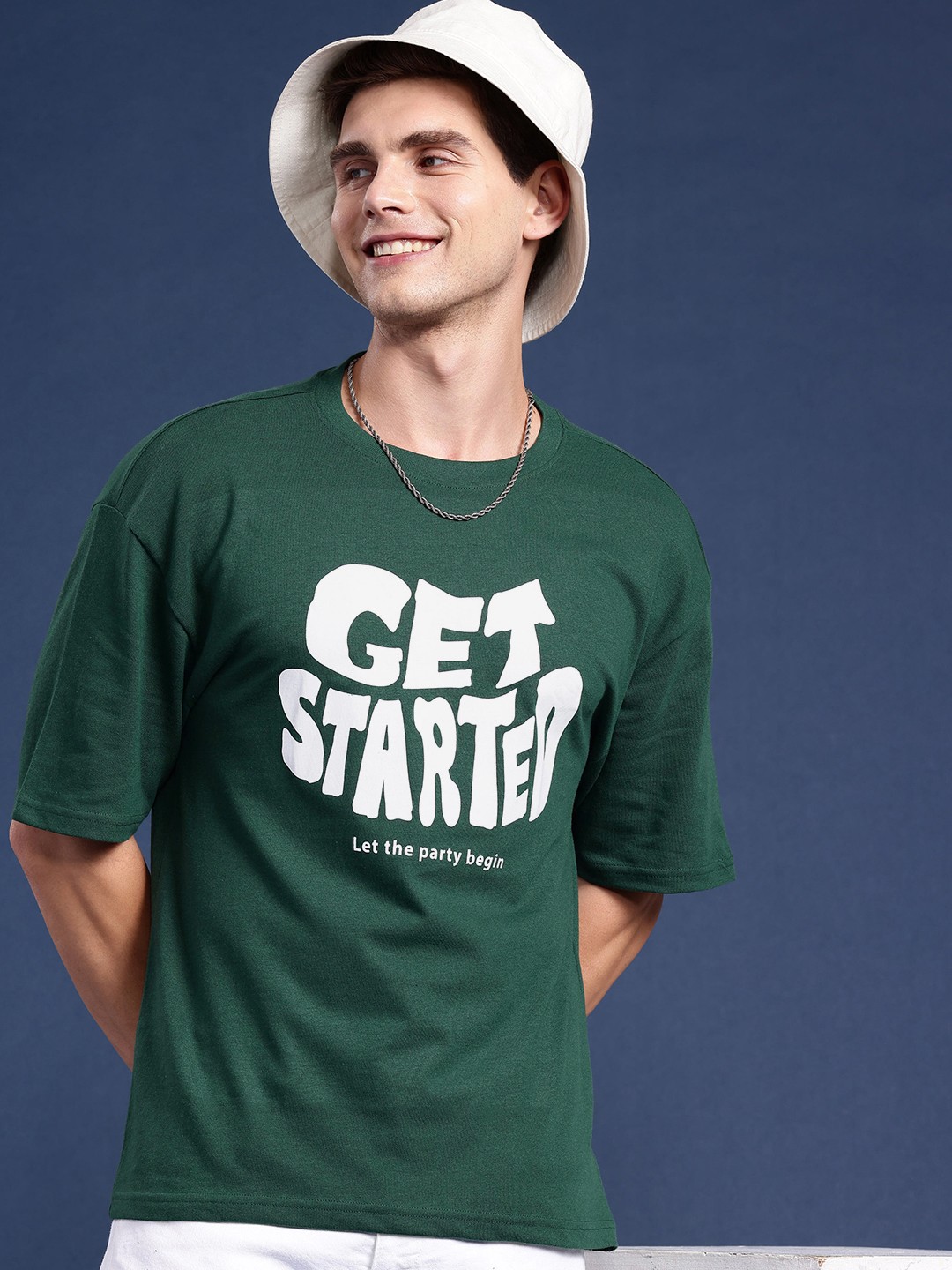 

Mast & Harbour Round Neck Graphic Printed Drop-Shoulder Sleeves T-shirt, Green