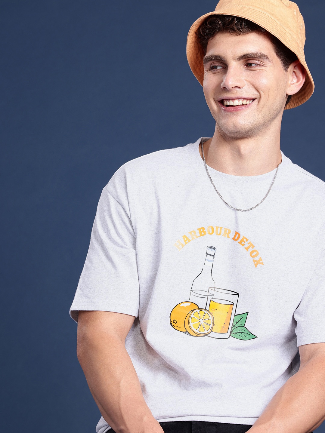 

Mast & Harbour Graphic Printed Drop-Shoulder Sleeves T-shirt, Grey melange