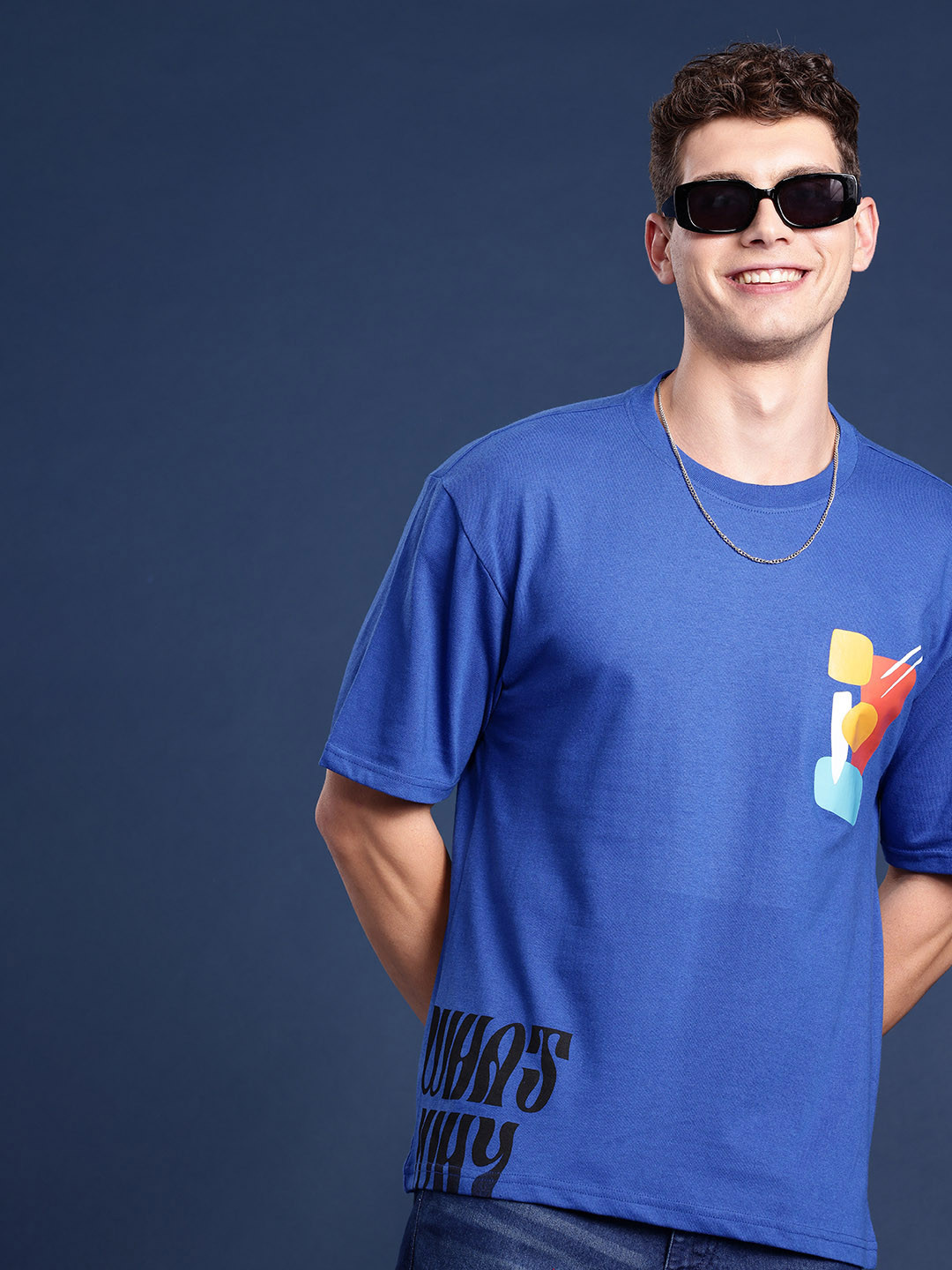 

Mast & Harbour Printed Drop-Shoulder Sleeves T-shirt, Blue