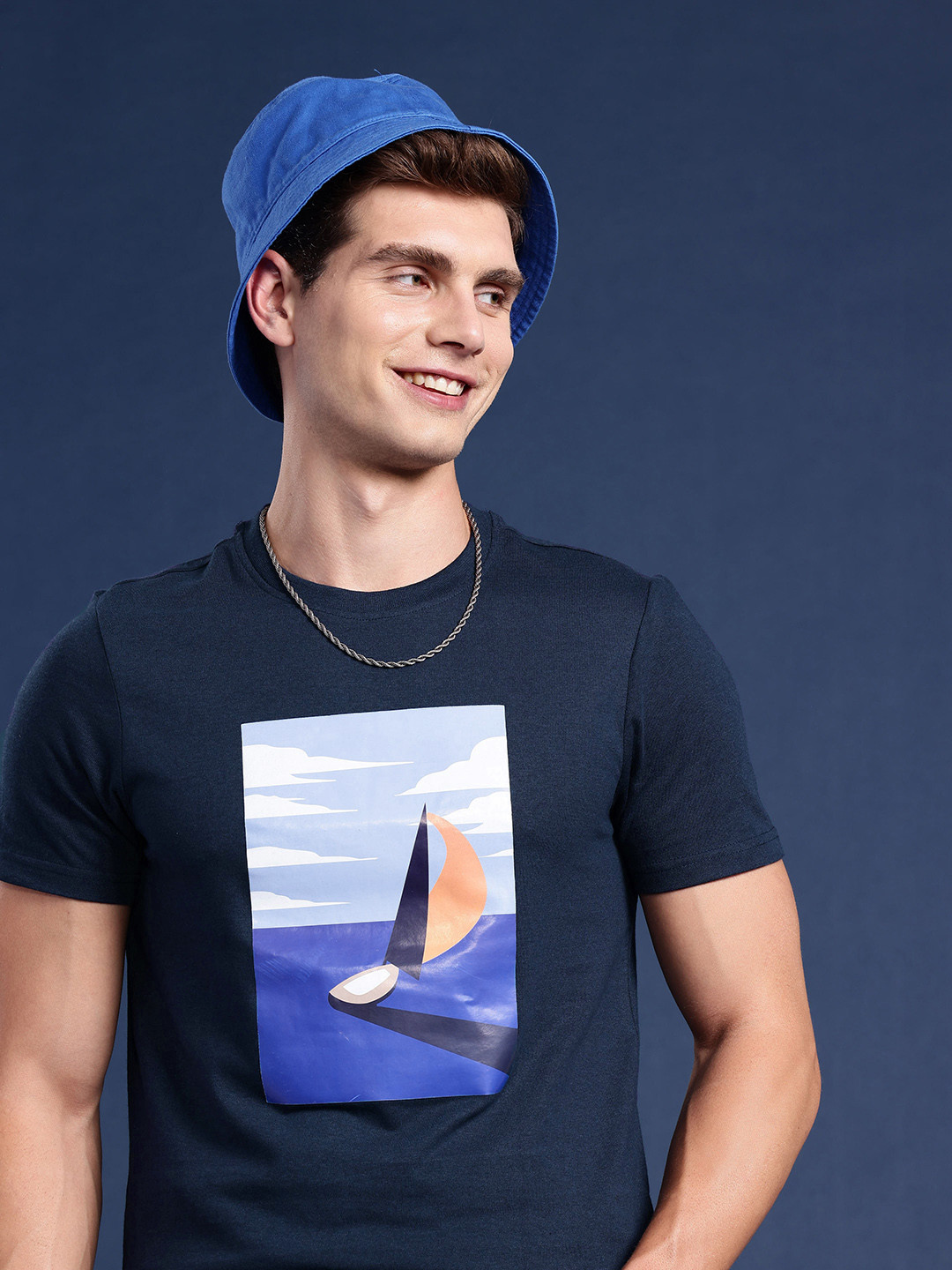 

Mast & Harbour Graphic Printed Round Neck T-shirt, Navy blue
