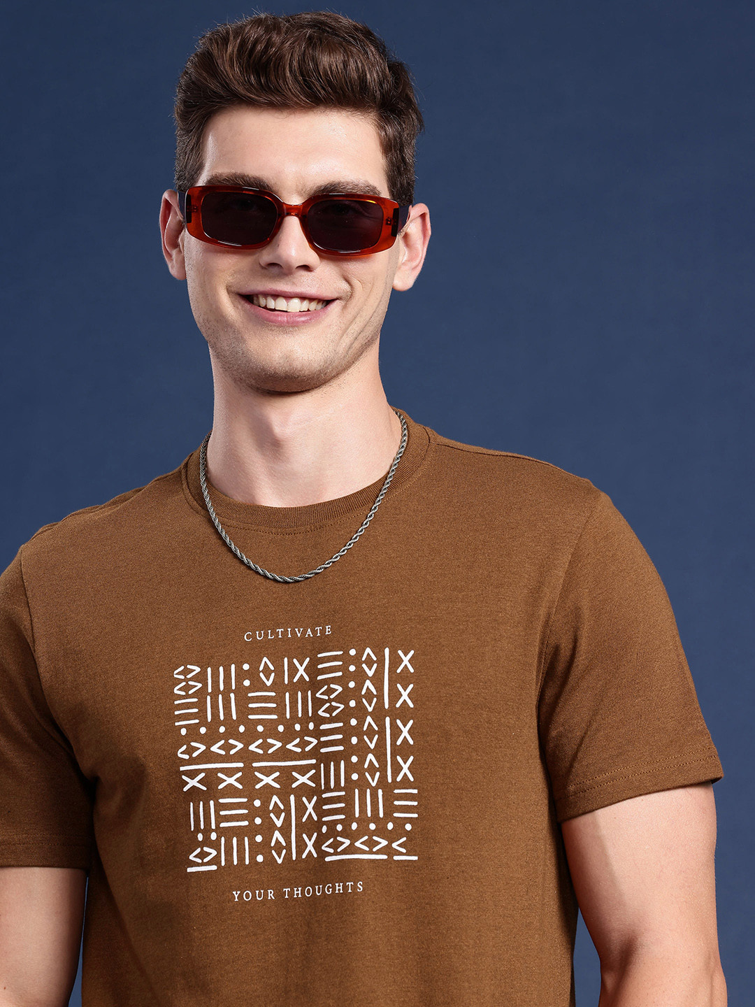 

Mast & Harbour Round Neck Graphic Printed T-shirt, Brown