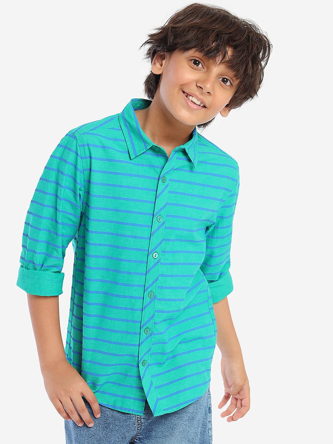 

BONKIDS Boys Standard Horizontal Striped Cotton Casual Shirt, Green