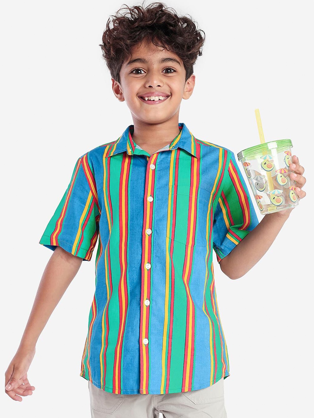 

BONKIDS Boys Standard Candy Striped Cotton Casual Shirt, Blue