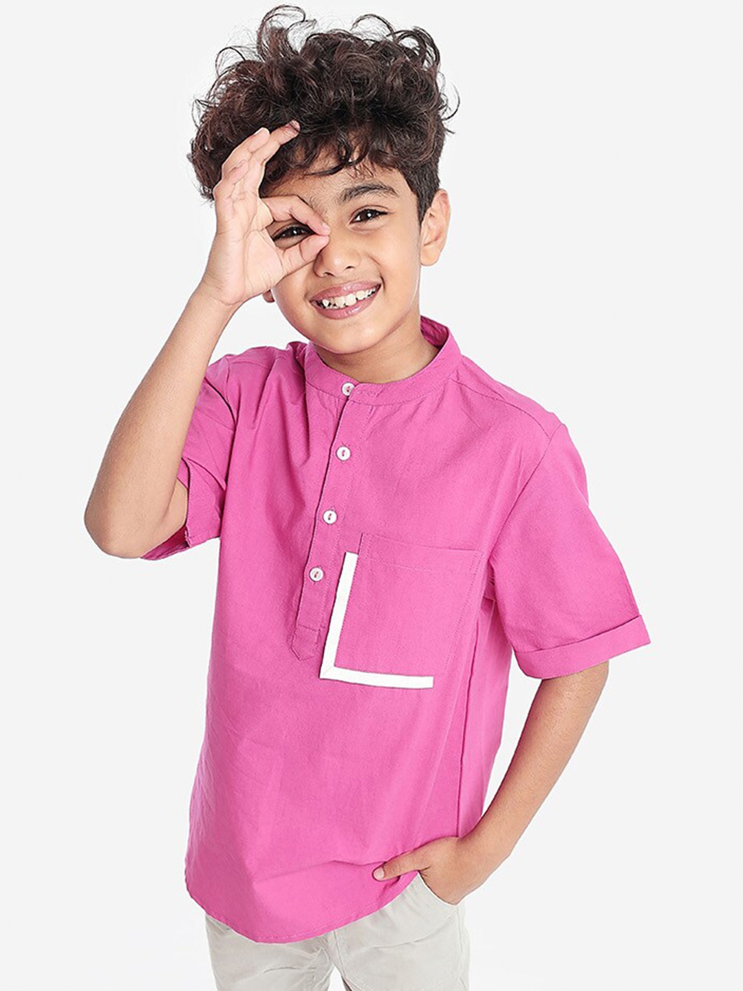 

BONKIDS Boys Standard Band Collar Cotton Casual Shirt, Pink