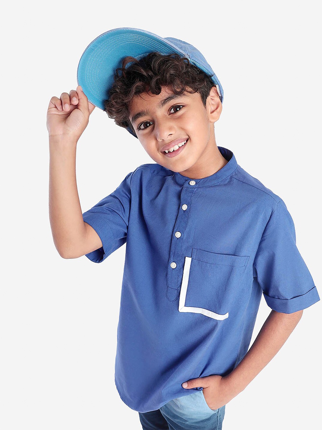 

BONKIDS Boys Standard Band Collar Cotton Casual Shirt, Blue