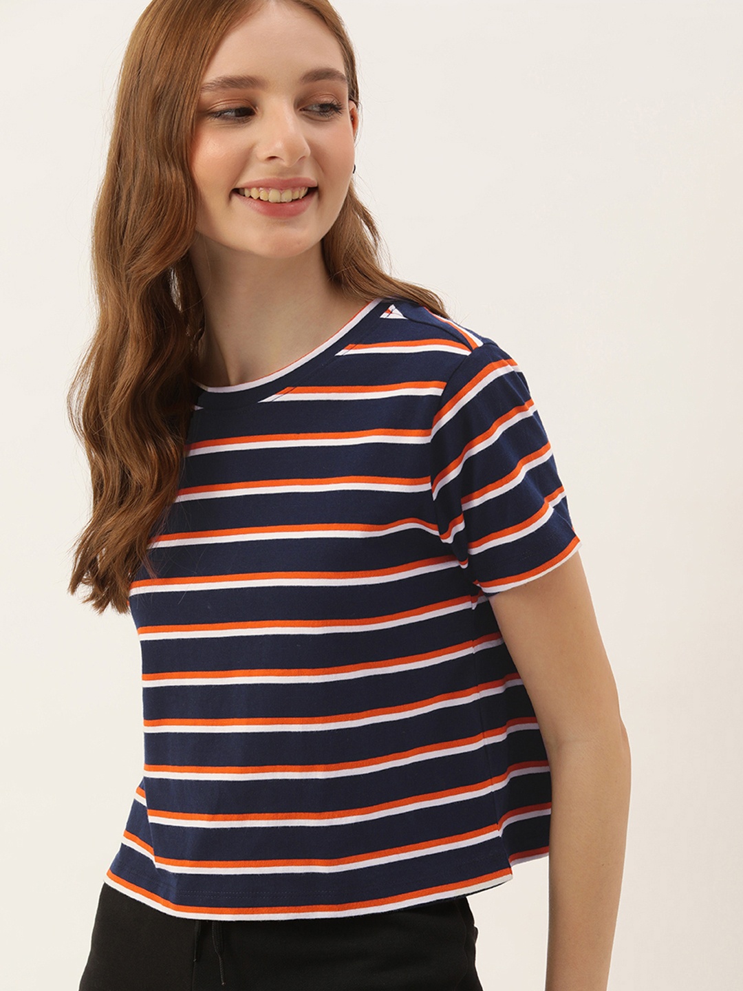 

Mast & Harbour Striped Pure Cotton T-shirt, Navy blue